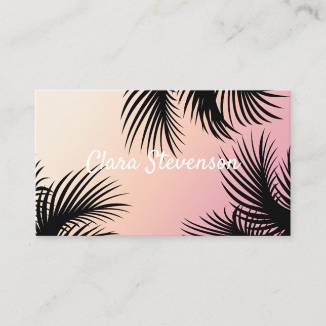 Cute chick pink yellow ombre tropical palm leaves business card (Front)