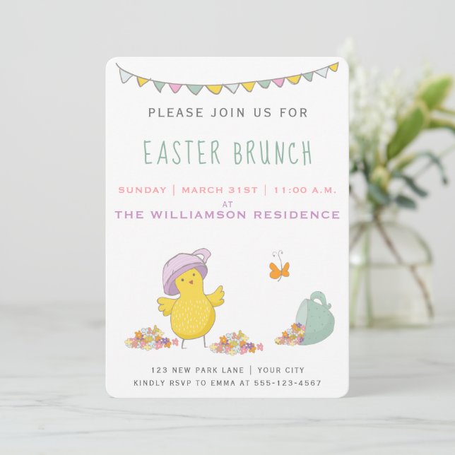 Cute Chick with a Tea Cup - Easter Brunch Invitation (Standing Front)