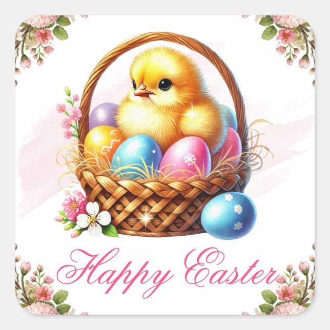 Cute Chick with Colorful Eggs Happy Easter Square Sticker (Front)