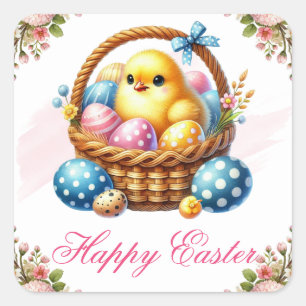 Cute Chick with Colourful Eggs Happy Easter Square Sticker