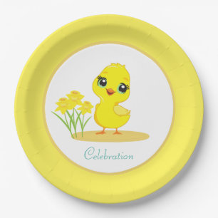 Cute Chick with Flowers on Yellow & White Paper Pl Paper Plate