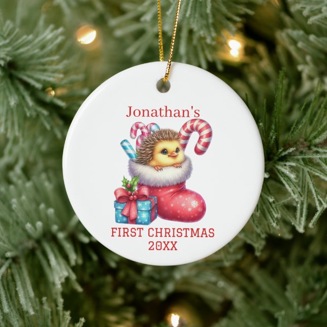 Cute Chick with Hedgehog Fur Christmas Ceramic Tree Decoration (Tree)