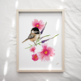 Cute Chickadee Bird Pink Purple Flowers Poster