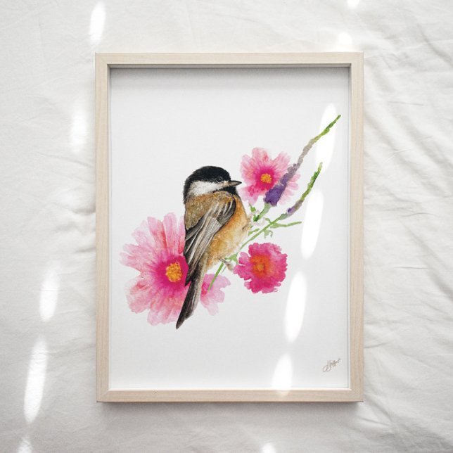 Cute Chickadee Bird Pink Purple Flowers Poster (Creator Uploaded)