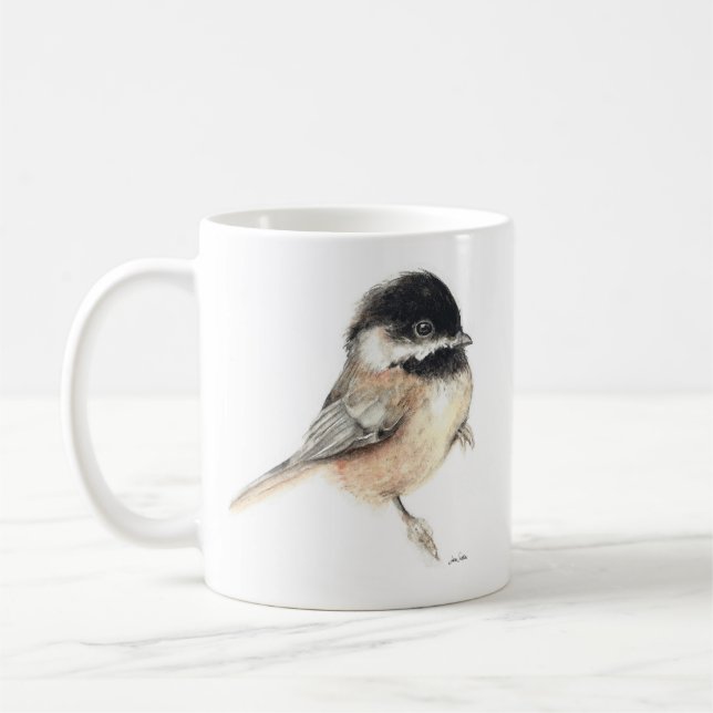 Cute Chickadee Bird Watercolor Art Coffee Mug (Left)
