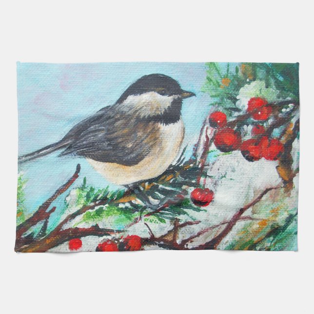 Cute Chickadee Bird With Berries On Branch Tea Towel (Horizontal)