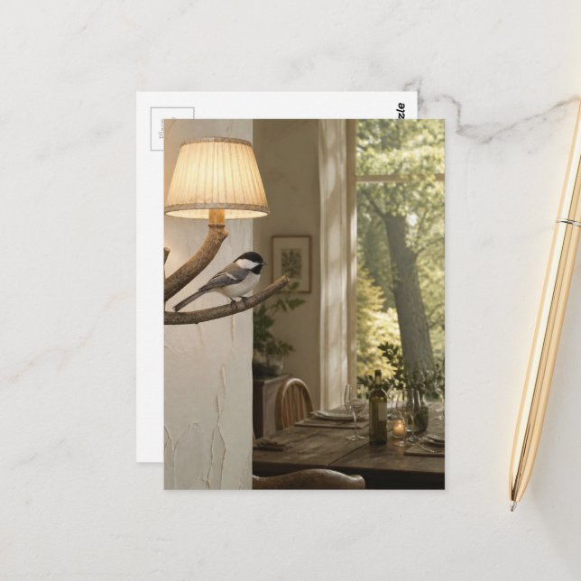 Cute Chickadee in the Dining Room Surreal Collage Postcard (Front/Back In Situ)
