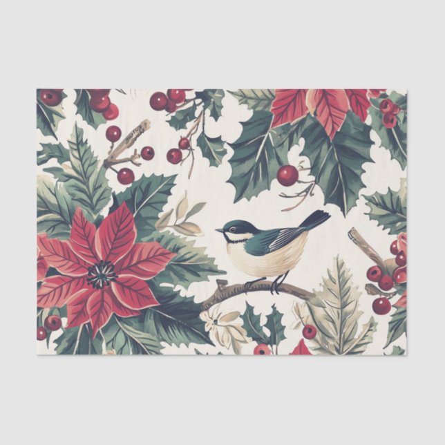 Cute Chickadee on a Holly Branch with Poinsettias Tissue Paper (Front)
