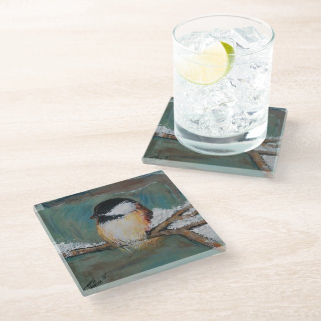 Cute Chickadee Painting Winter Glass Coaster (Angled)