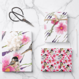 Cute Chickadee Watercolor Floral  Wrapping Paper Sheet