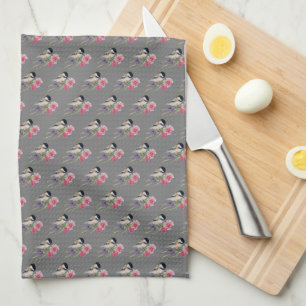 Cute Chickadee Watercolor Pink Flowers Tea Towel