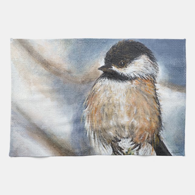 Cute Chickadee Winter Painting Tea Towel (Horizontal)