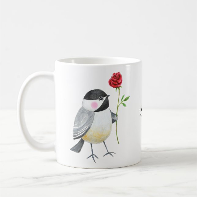 Cute Chickadee with a single red rose Custom Name  Coffee Mug (Left)