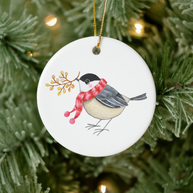 Cute Chickadee with Golden Sprig Personalized name Ceramic Tree Decoration (Tree)