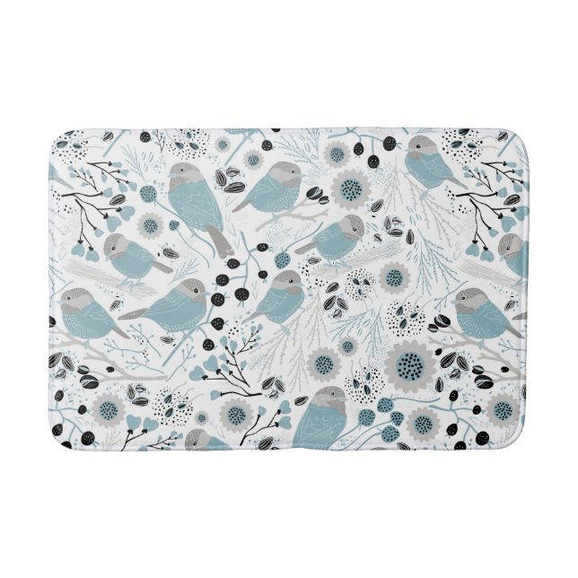 Cute Chickadees Blue Black Grey Bath Mat (Front)