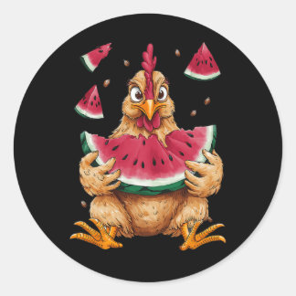 Cute Chicken Eating Watermelon Fruit Summer Men Wo Classic Round Sticker