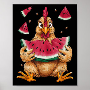 Cute Chicken Eating Watermelon Fruit Summer Men Wo Poster