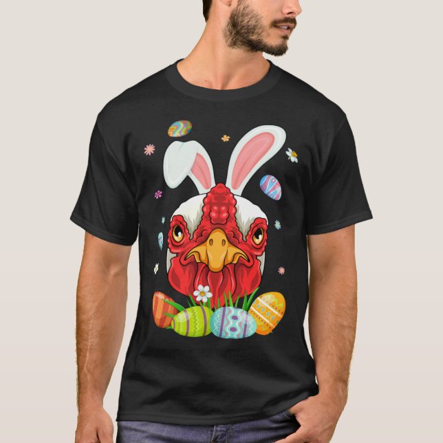 Cute Chicken Face With Bunny Ears Colourful Eggs E T-Shirt (Front)