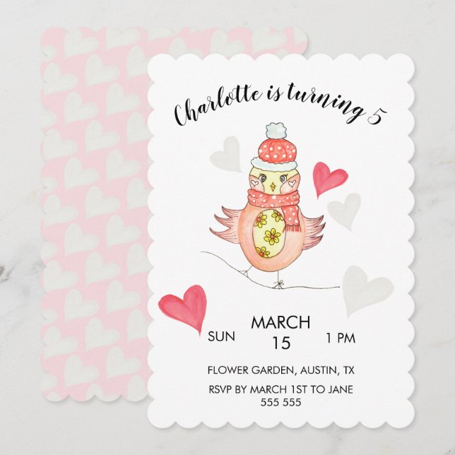 Cute Chicken in Love, Hearts Watercolor Holiday Card (Front/Back)