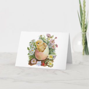Cute Chicken in the Eggshell & Watercolor Flowers Card