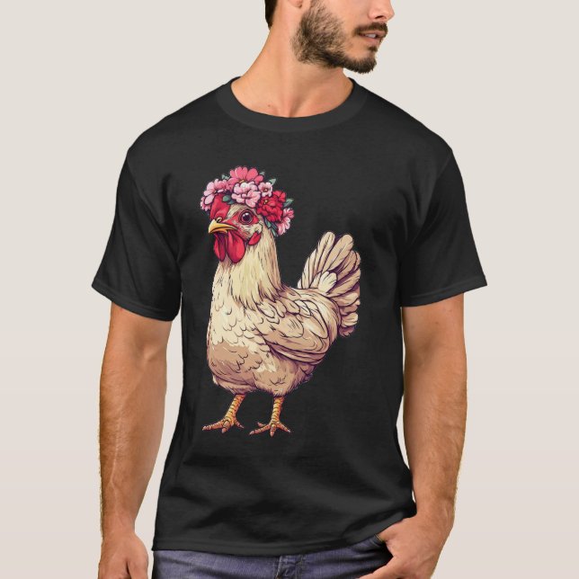 Cute Chicken Wearing Flower Hat T-Shirt (Front)