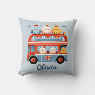 Cute Chickens and Chicks in London Bus Cushion
