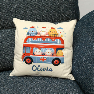 Cute Chickens and Chicks in London Bus Cushion