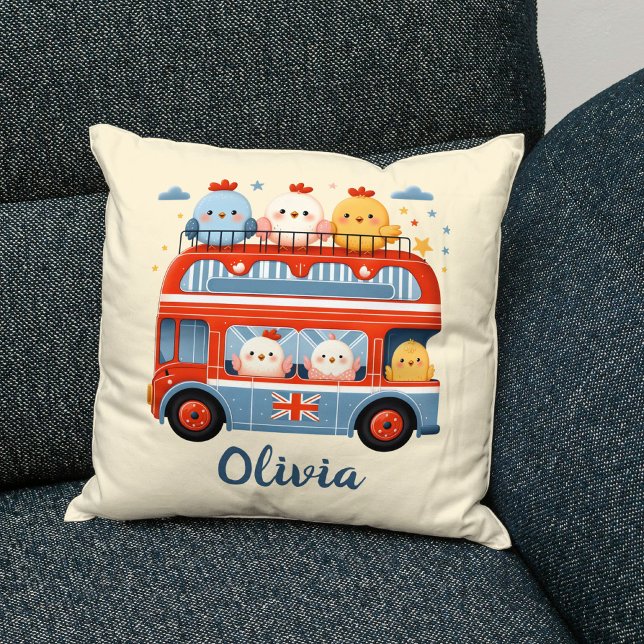 Cute Chickens and Chicks in London Bus Cushion (Creator Uploaded)