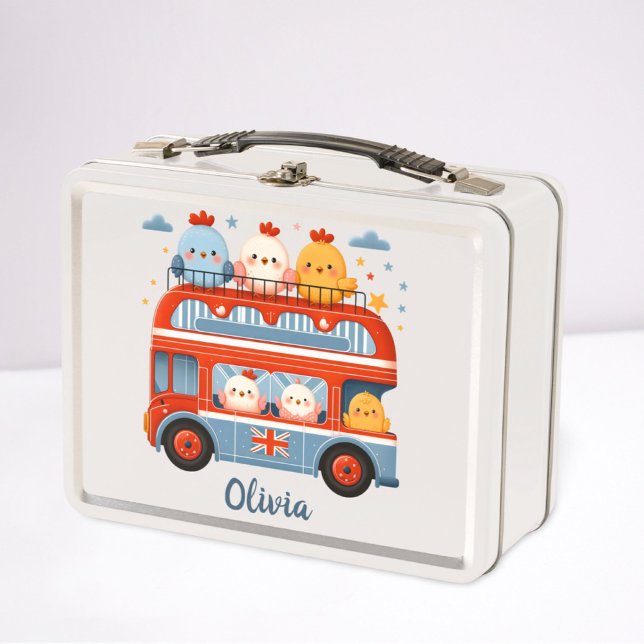 Cute Chickens and London Bus Metal Lunch Box (Creator Uploaded)