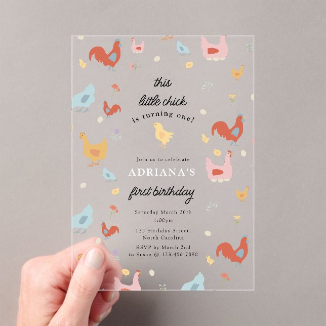 Cute Chickens Hens and Chick Girl First Birthday Acrylic Invitations (Insitu (Handheld))