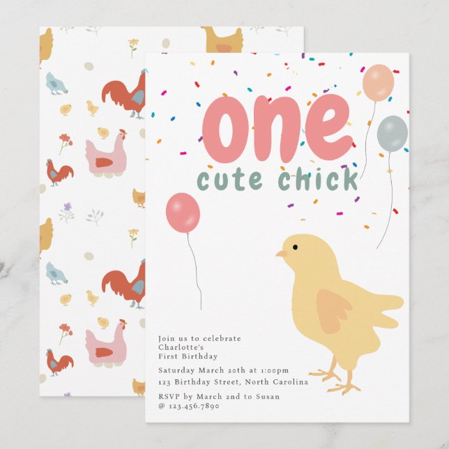 Cute Chickens Hens Chick Girl First 1st Birthday Invitation (Front/Back)
