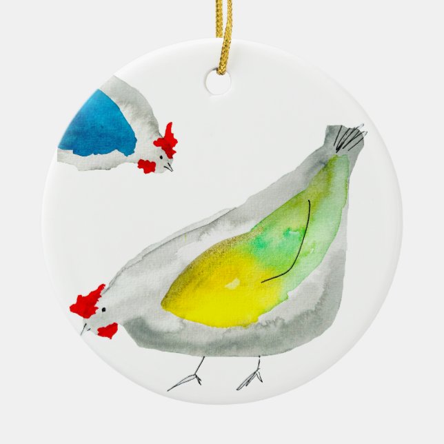 Cute chickens watercolor ceramic tree decoration (Front)
