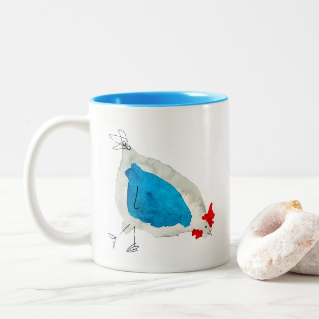 Cute chickens watercolor Two-Tone coffee mug (With Donut)