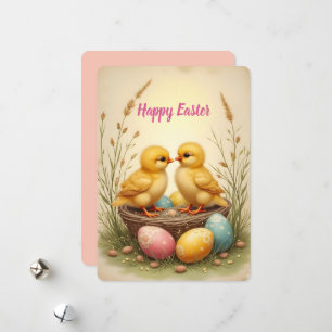 Cute chicks and colorful Easter eggs, nostalgic Holiday Card