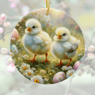 Cute chicks in a meadow with Easter eggs, vintage  Ceramic Tree Decoration