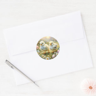 Cute chicks in a meadow with Easter eggs, vintage  Classic Round Sticker