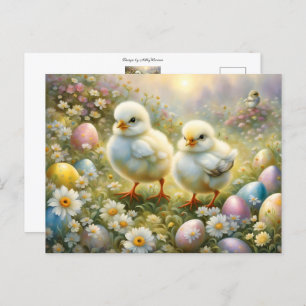 Cute chicks in a meadow with Easter eggs, vintage Postcard
