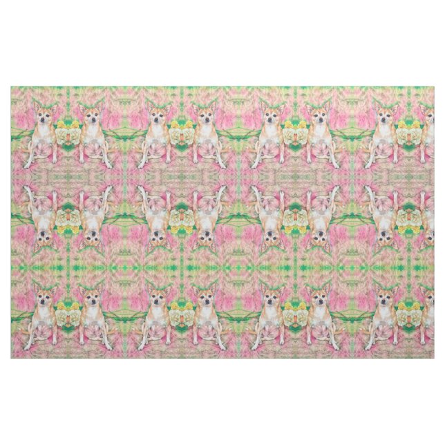 Cute Chihuahua Art Pink Green Dog Portrait Fabric (Fat Quarter)