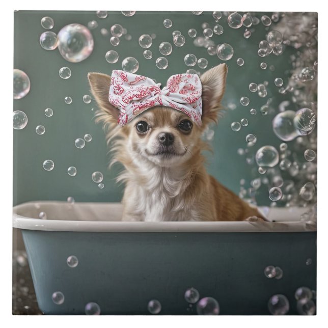 Cute Chihuahua Bubble Bath  Tile (Front)