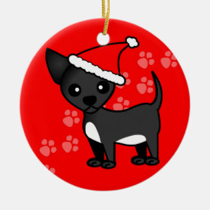 Cute Chihuahua Cartoon Santa Hat - Black Ceramic Tree Decoration