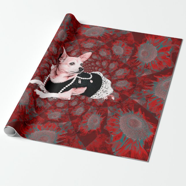 Cute Chihuahua Christmas Red Floral Dog Art Wrapping Paper (Unrolled)