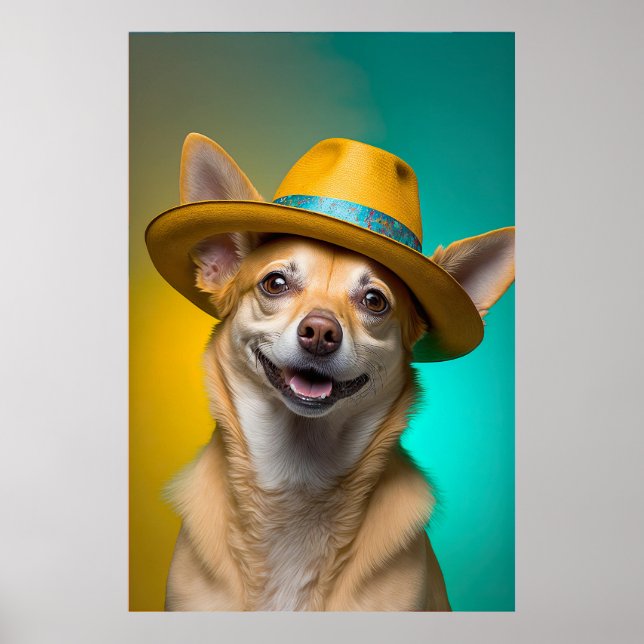 Cute Chihuahua Dog Fedora Hat Colourful Vibrant Poster (Front)
