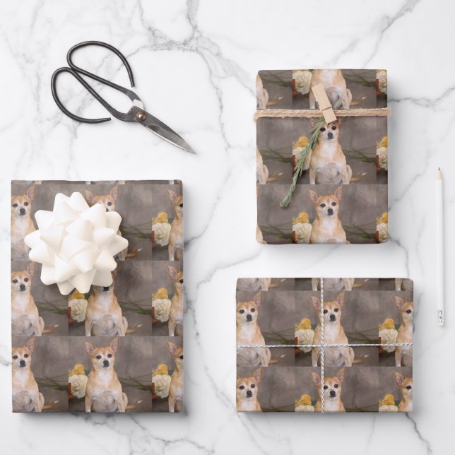 Cute Chihuahua Dog Floral Pet Portrait Pattern Wrapping Paper Sheet (Front)