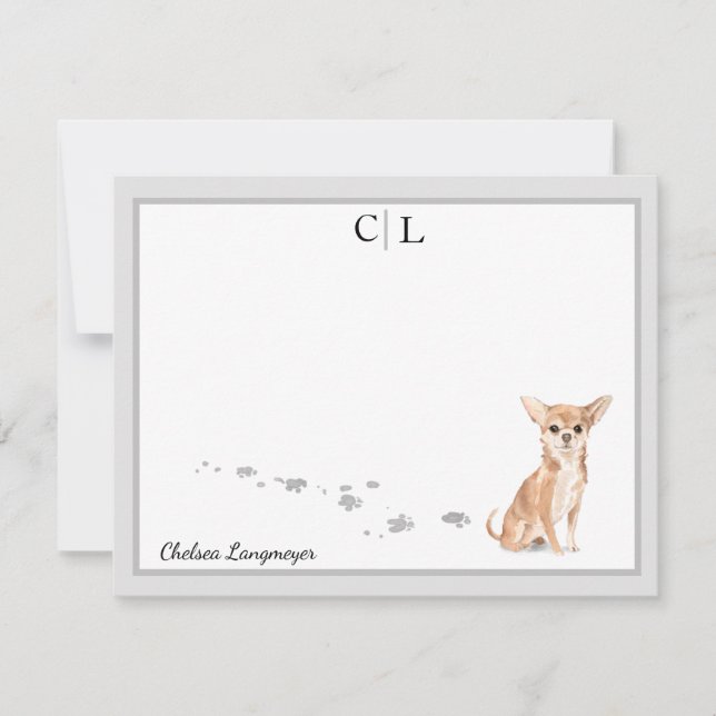 Cute Chihuahua Dog Grey Border Monogram Your Name Card (Front)