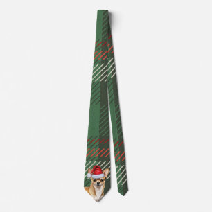 Cute Chihuahua Green Red Plaid Christmas Holiday Tie