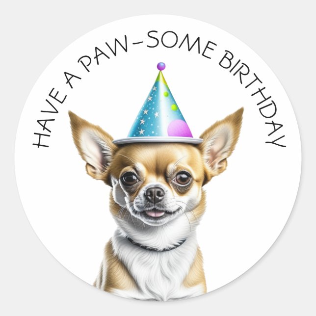 Cute Chihuahua in Birthday Hat Classic Round Sticker (Front)