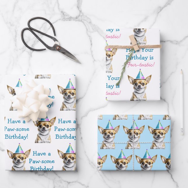 Cute Chihuahua in Birthday Hat Wrapping Paper Sheet (Front)