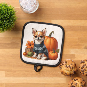 Cute Chihuahua in Sweater with Pumpkins Pot Holder