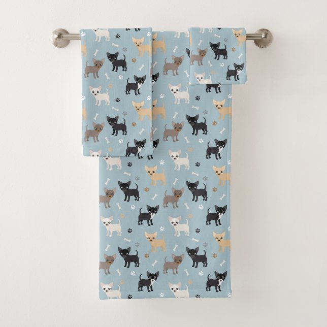 Cute Chihuahua Pattern Blue Bath Towel Set (Insitu)