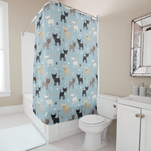 Cute Chihuahua Pattern Blue Shower Curtain (In Situ)